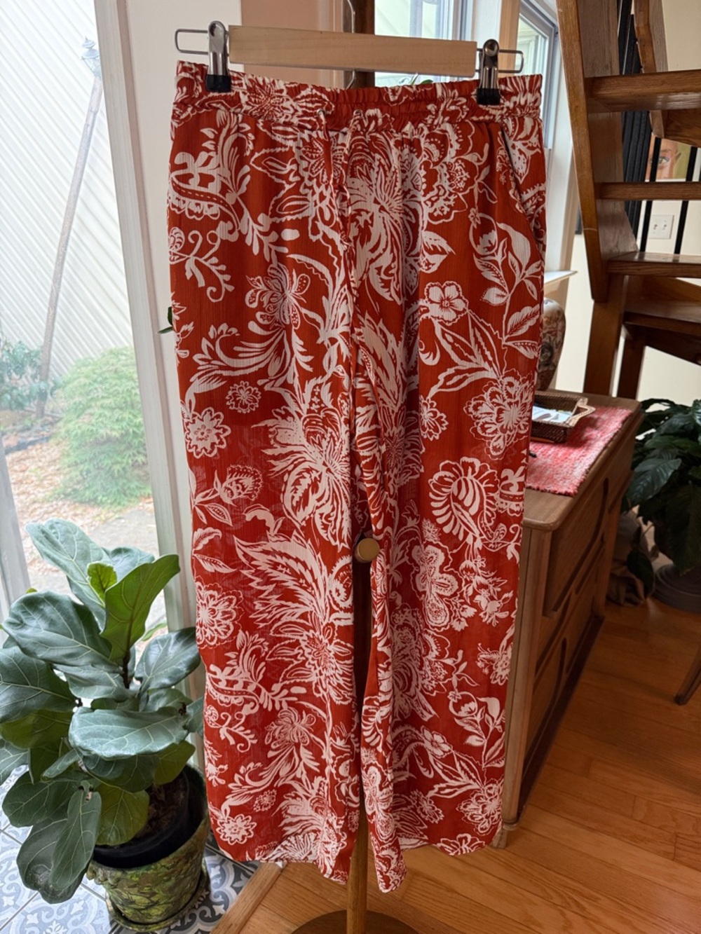 Zara White Floral Print Rust-Red Wide Leg Pants